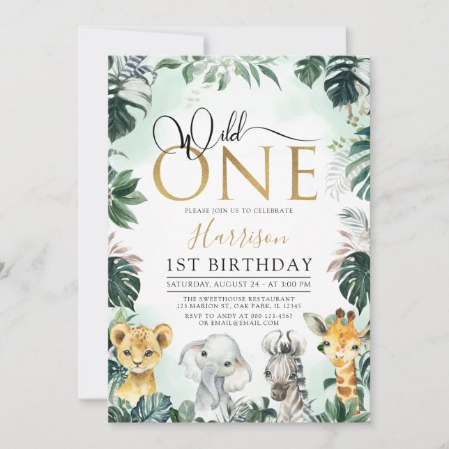 Tropical Gold Wild One Jungle Safari 1st Birthday Invitation (Front)