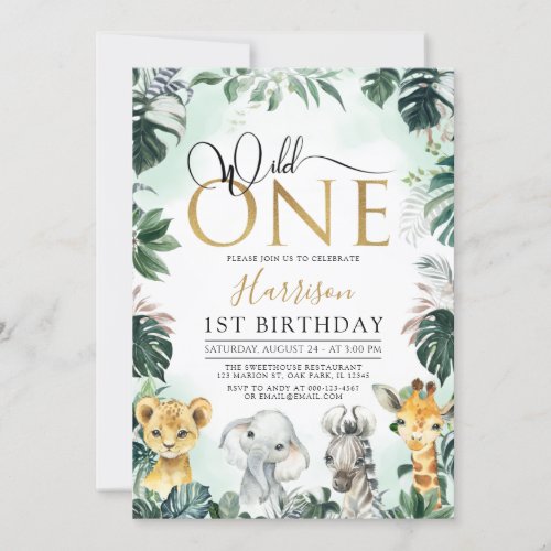 Tropical Gold Wild One Jungle Safari 1st Birthday Invitation