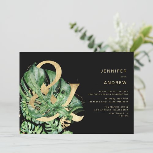 Tropical Golden Foliage Ampersand Wedding Invitation