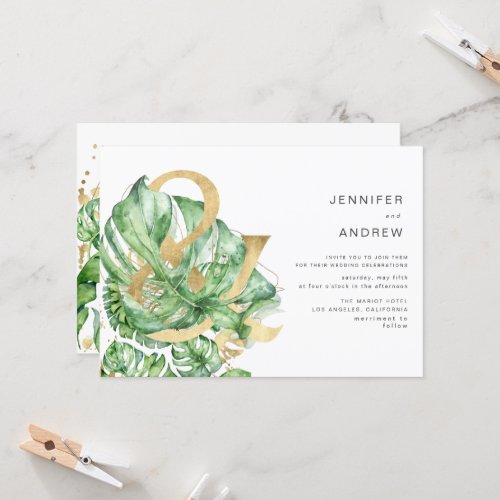 Tropical Golden Foliage Ampersand Wedding Invitation