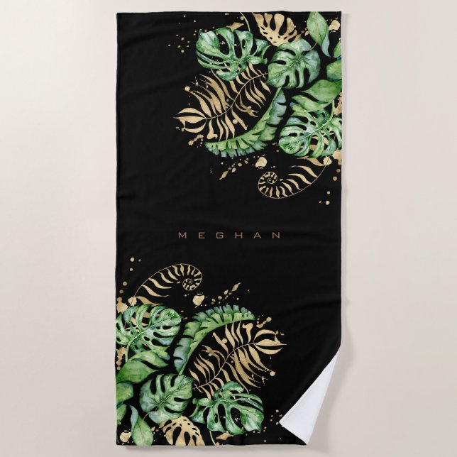 tropical golden foliage Monogram Beach Towel (Front)