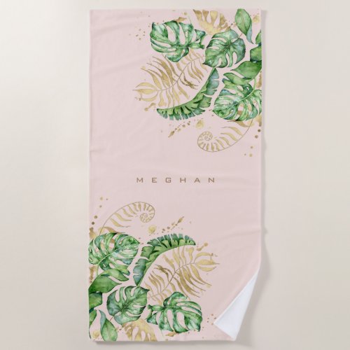 tropical golden foliage Monogram Beach Towel