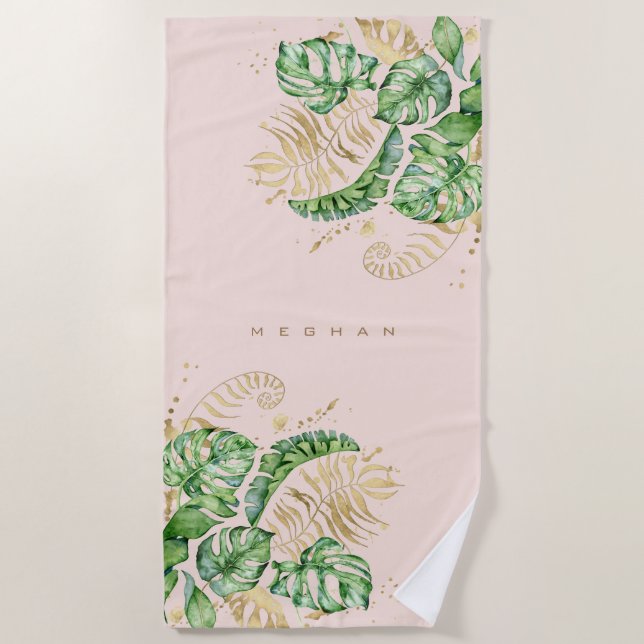 tropical golden foliage Monogram Beach Towel (Front)