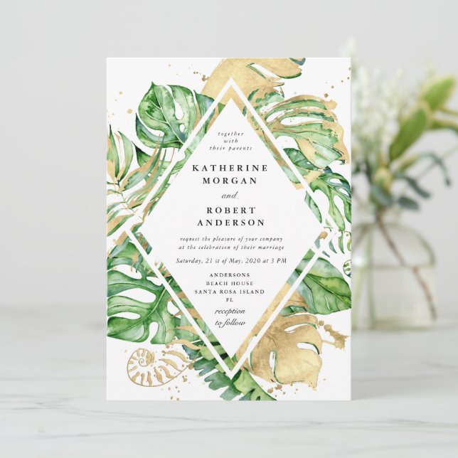 Tropical Golden Foliage Wedding Invitation (Standing Front)