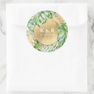 Tropical Golden Foliage Wedding Monogram Classic Round Sticker