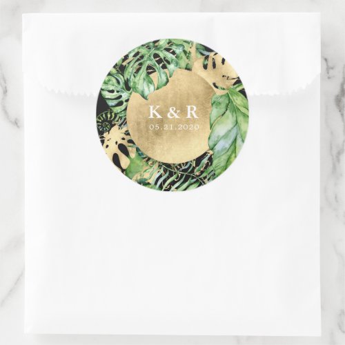 Tropical Golden Foliage Wedding Monogram Classic Round Sticker