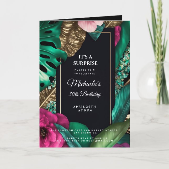 Tropical golden leaves flowers surprise birthday invitation (Front)
