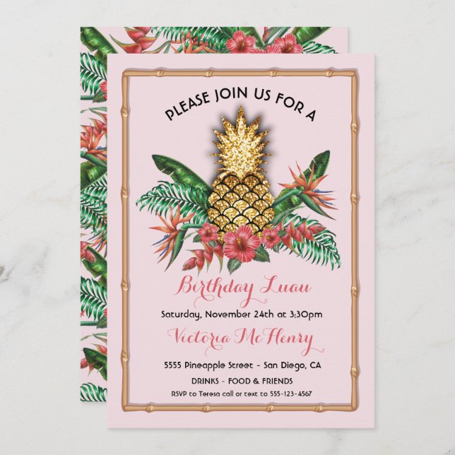 Tropical Golden Pineapple Luau Party Invitation (Front/Back)