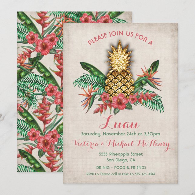 Tropical Golden Pineapple Luau Party Invitation (Front/Back)