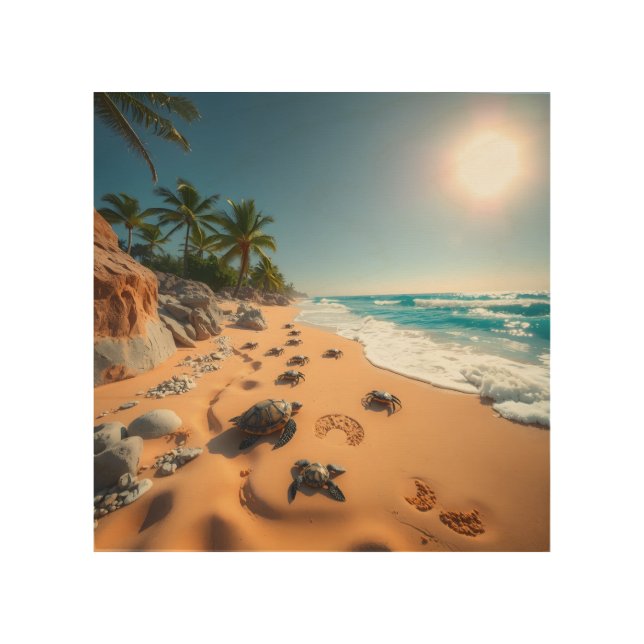 Tropical Golden Shell Beach Chic Wood Wall Art (Front)