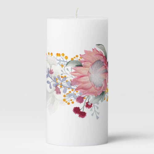 Tropical Golden Wattle and Pink Protea Floral Pillar Candle