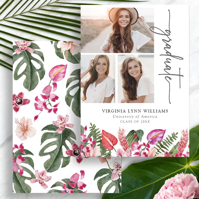 Tropical Graduation Announcement (Tropical Watercolor Floral Graduation Announcement Photo Collage by Painted Paperie
)
