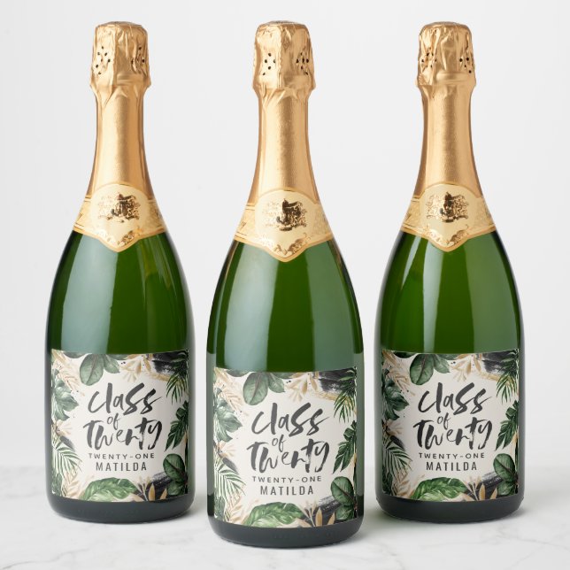 Tropical graduation class of modern botanical squa sparkling wine label (Bottles)