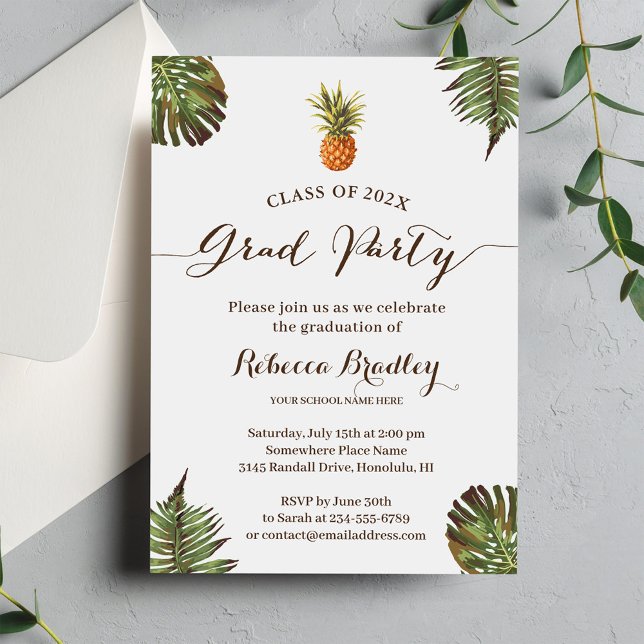 Tropical Graduation Party Luau Pineapple Leaves Invitation (Creator Uploaded)