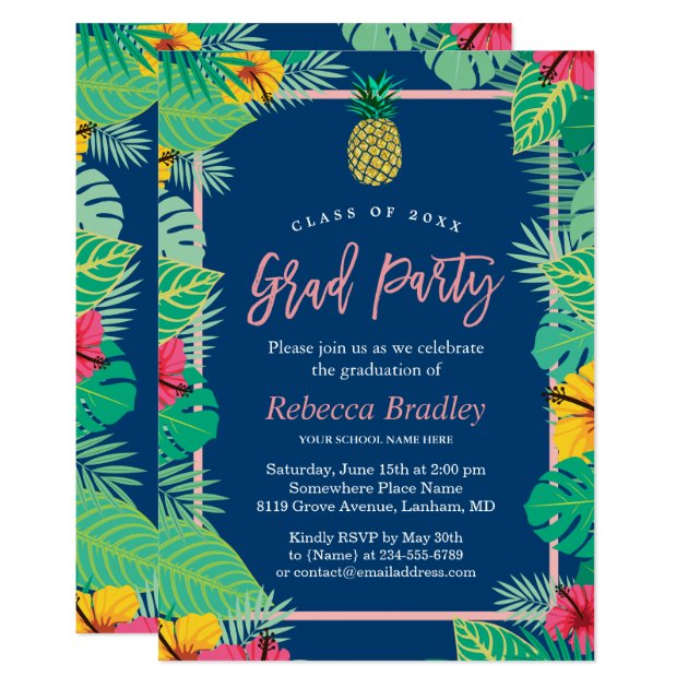 Tropical Graduation Party Navy Blue Gold Pineapple Card (front side)