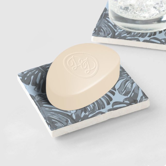 Tropical Gray Blue Jungle Leaves Stone Coaster (Mockup as a soap dish)