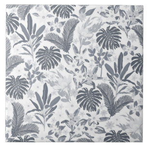 Tropical Gray Floral Greenery Ceramic Tile