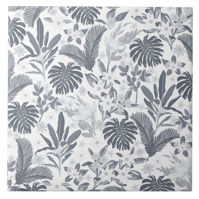 Tropical Gray Floral Greenery Ceramic Tile (Front)