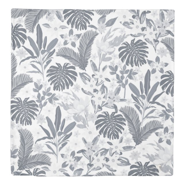 Tropical Gray Floral Greenery Duvet Cover (Front)