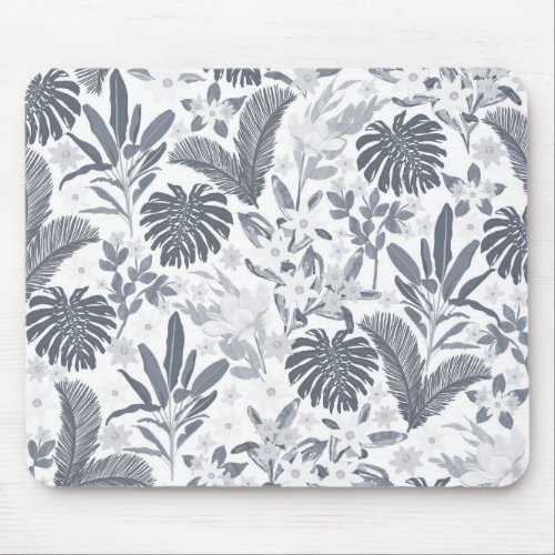 Tropical Gray Floral Greenery Mouse Pad