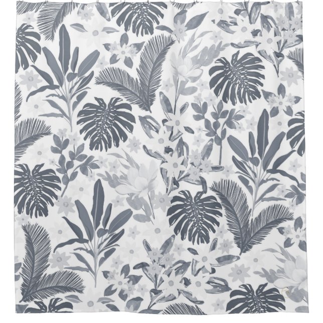 Tropical Gray Floral Greenery Shower Curtain (Front)