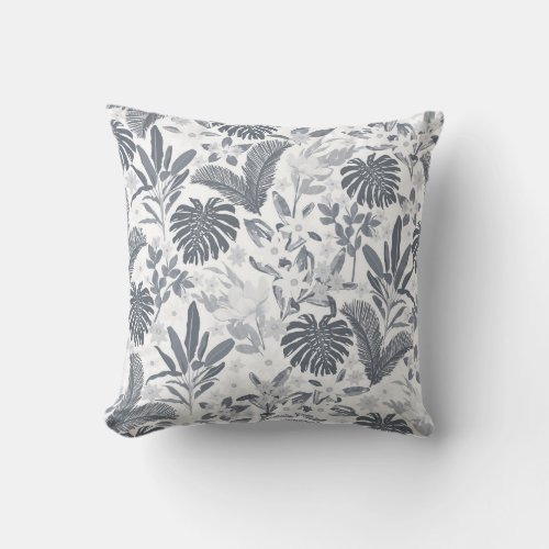 Tropical Gray Floral Greenery Throw Pillow