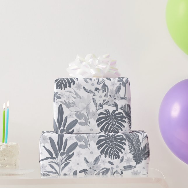 Tropical Gray Floral Greenery Wrapping Paper (Party Gifts)