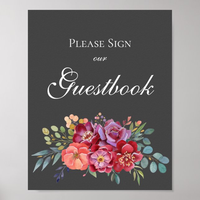 Tropical Gray Floral Guestbook Sign Poster V2 (Front)