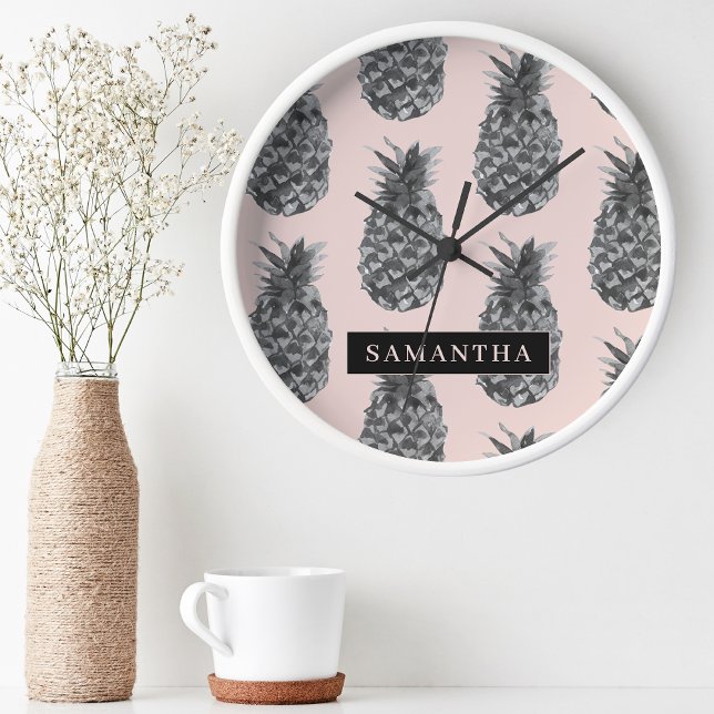 Tropical Gray & Pink Pineapple Pattern With Name Round Clock (Creator Uploaded)