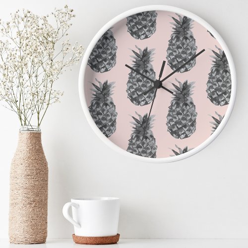 Tropical Gray  Pink Pineapple Seamless Pattern Round Clock