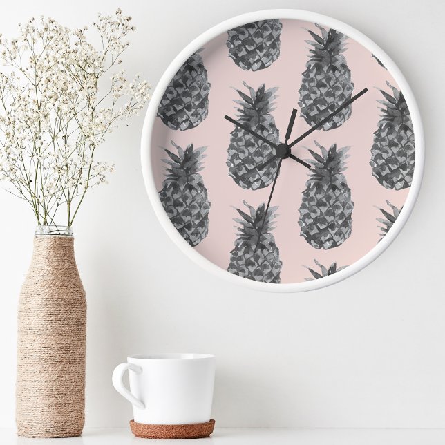 Tropical Gray & Pink Pineapple Seamless Pattern Round Clock (Creator Uploaded)