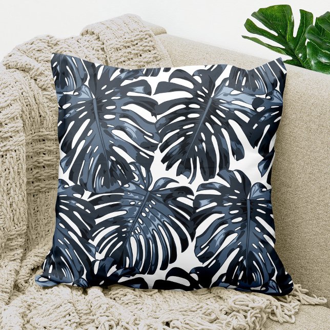 Tropical Gray White Monstera Jungle Leaves Throw Pillow (throw pillow with pattern of blue palm leaves on white background)