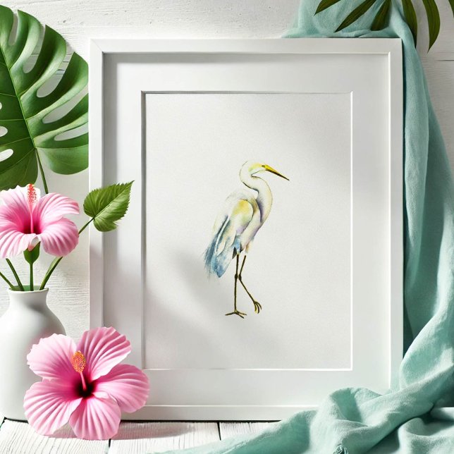 Tropical Great White Heron Beach Art Poster (Watercolor painting by Victoria Grigaliunas great white heron beach art. Order prints. )