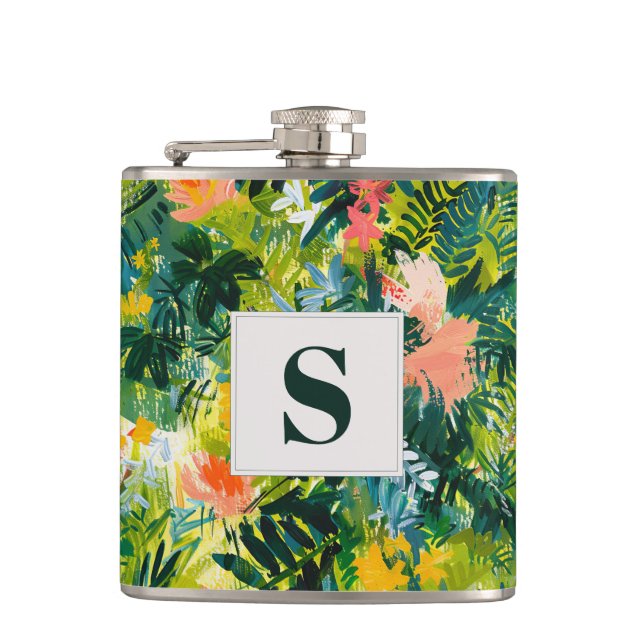 Tropical Green Abstract Botanical Monogrammed Flask (Front)
