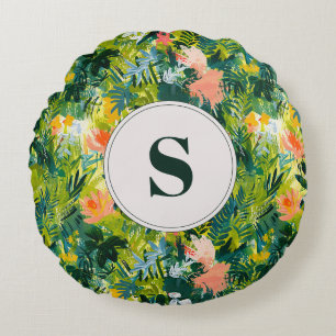 Tropical Green Abstract Botanical Monogrammed Round Pillow