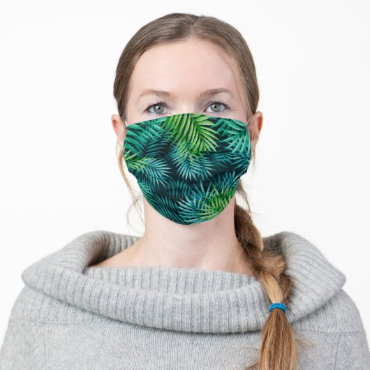 Tropical Green And Blue Botanical Palm Leaves Adult Cloth Face Mask (Worn)
