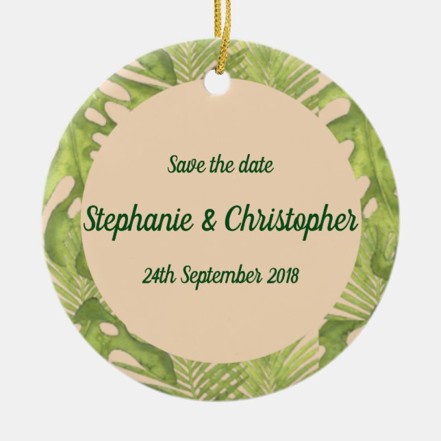 Tropical Green and Blush Wedding Ceramic Ornament (Front)