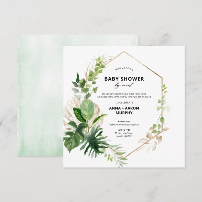 Tropical Green and Gold Frame Baby Shower by Mail Invitation (Front/Back)