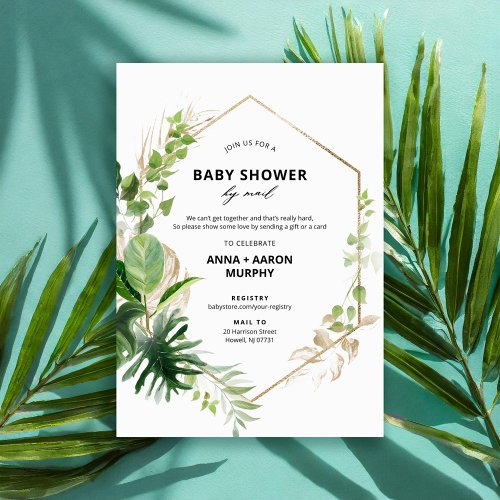 Tropical Green and Gold Frame Baby Shower by Mail  Invitation