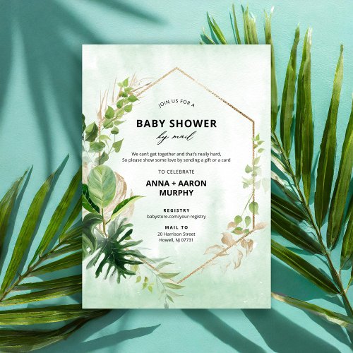 Tropical Green and Gold Frame Baby Shower by Mail  Invitation