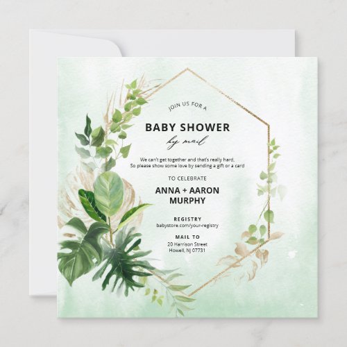 Tropical Green and Gold Frame Baby Shower by Mail  Invitation