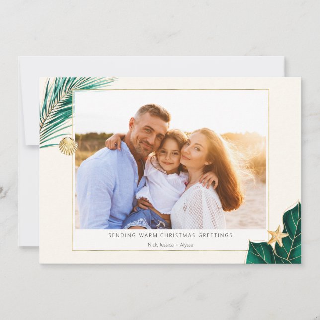 Tropical Green and Gold Greenery Photo Holiday Card (Front)