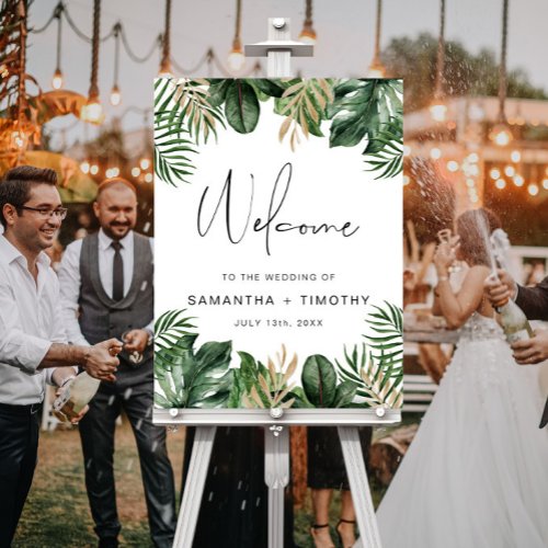 Tropical Green and Gold Leaf Wedding Welcome  Foam Board