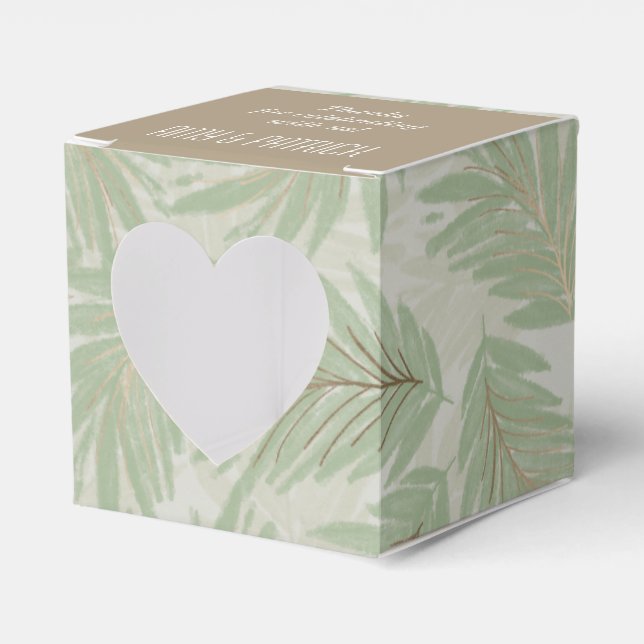 Tropical Green and Gold Leaves on Sage Heart Favor Boxes (Front Side)