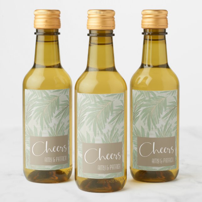 Tropical Green and Gold Leaves on Sage Mini Wine Label (Bottles)
