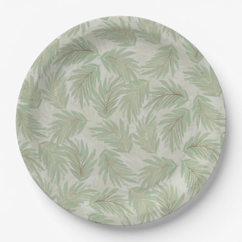 Tropical Green and Gold Leaves on Sage Paper Plates