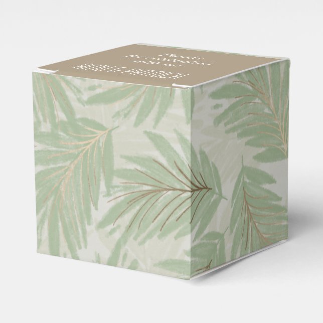 Tropical Green and Gold Leaves on Sage Square Favor Boxes (Front Side)
