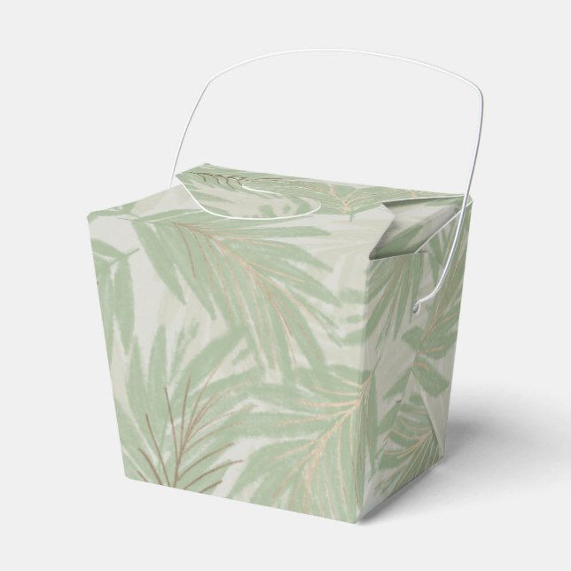 Tropical Green and Gold Leaves on Sage Take Out Favor Boxes (Front Side)