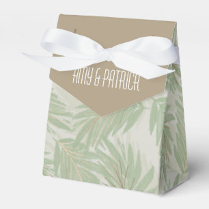 Tropical Green and Gold Leaves on Sage Tent Favor Boxes