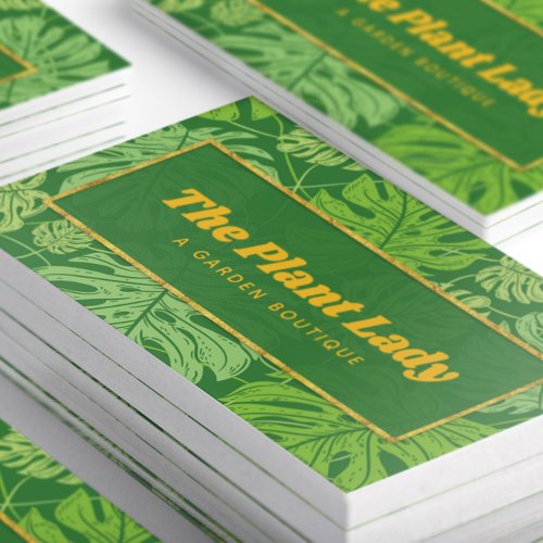 Tropical Green and Gold Monstera Palm Leaves Business Card